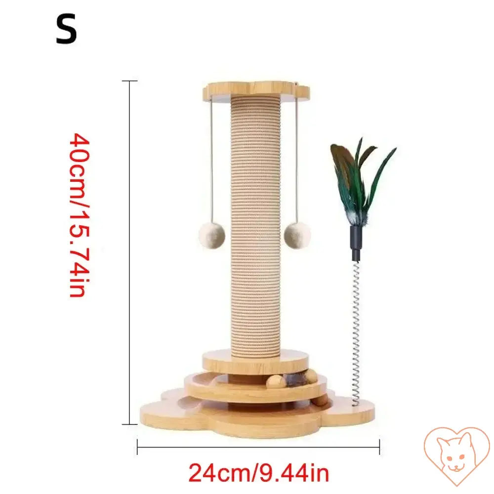 Wooden cat turntable with sisal scratching post and teaser wand for interactive play, 40cm tall.